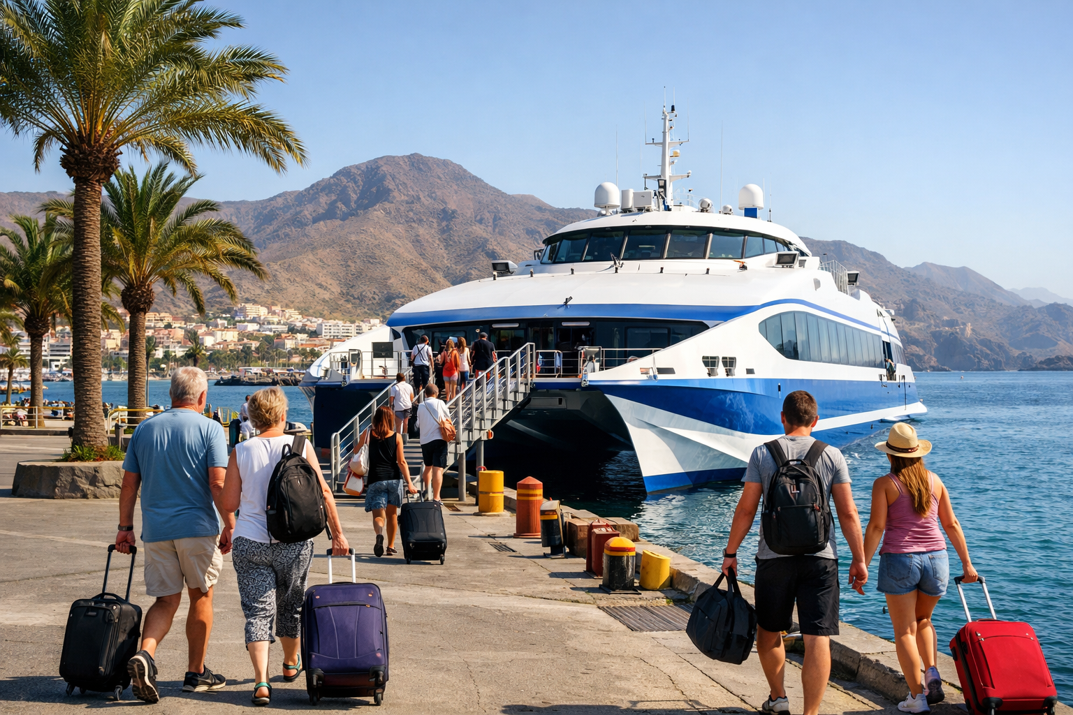 Passengers boarding a fast ferry at a Canary Islands harbour with volcanic mountains behind
